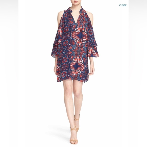 Parker Anastasia Cold-Shoulder Silk Shift Dress, Bandana Sz M - Picture 3 of 16